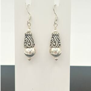 Sterling Silver 925 Filigree Drop Earrings • Swirl Cone & Bead Dangles